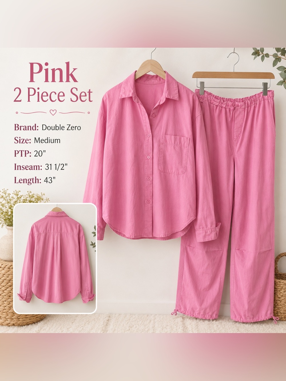 EUC-Double Zero- Women’s Pink Two-Piece Drawsting Jean like Pant Set ( Boxy Top)